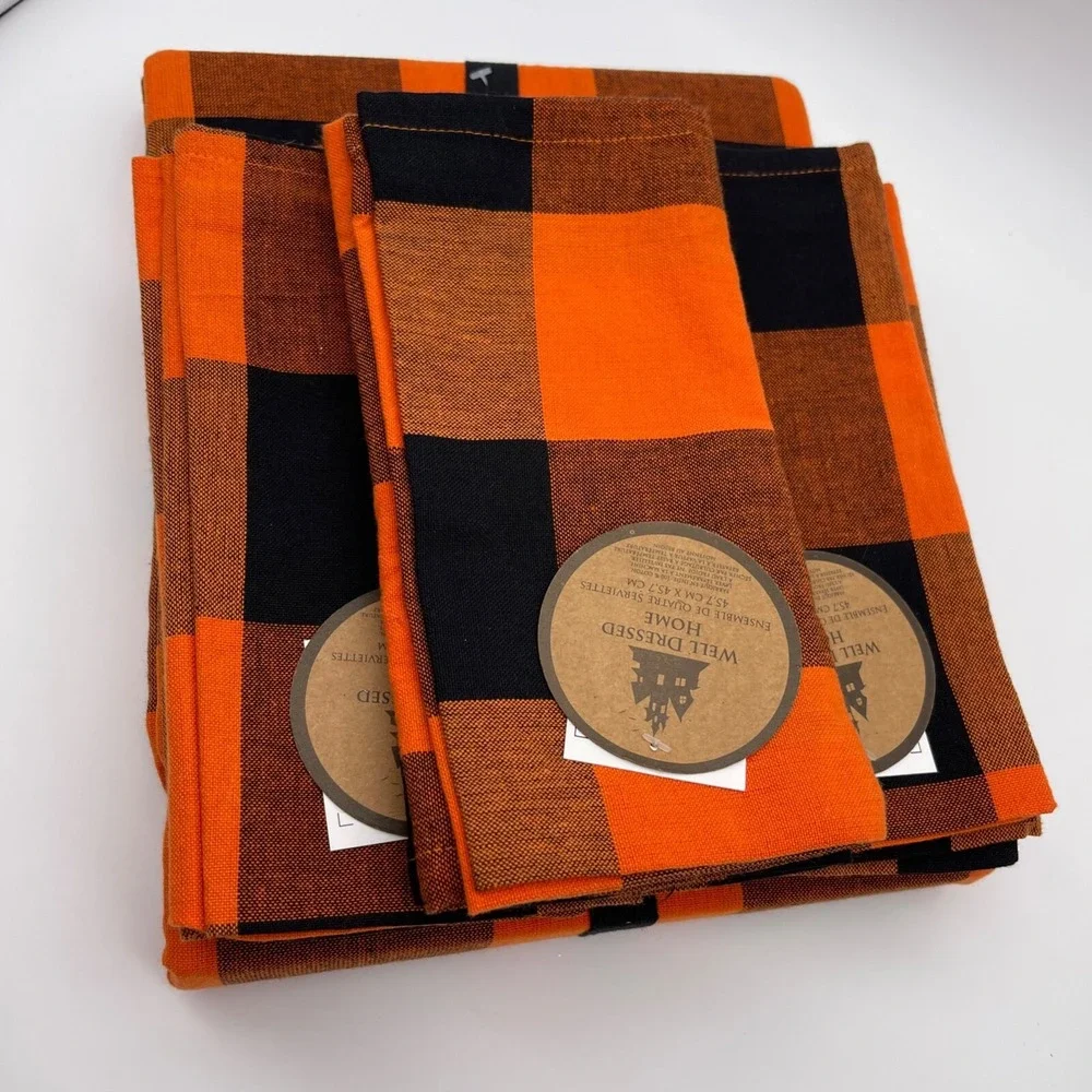Well Dressed Home Fall Black & Orange‎ Plaid Tablecloth and 12 Napkins Set